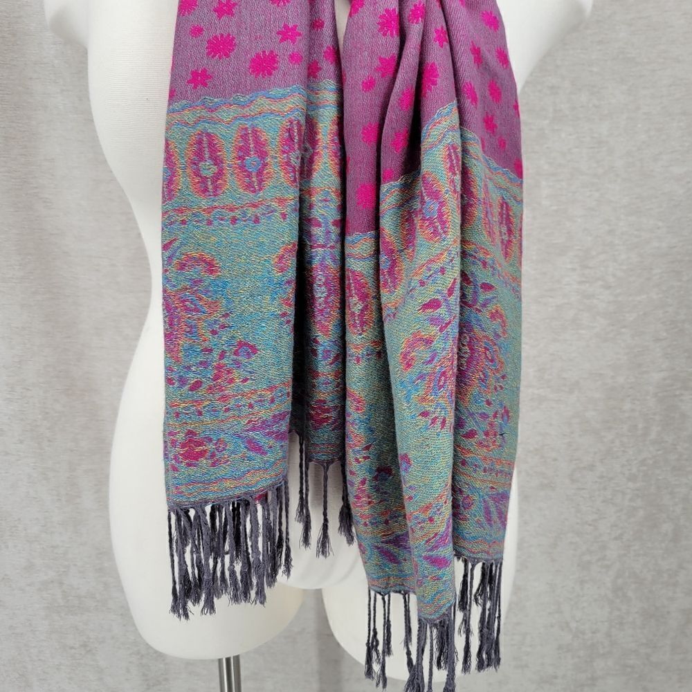 100% Cashmere Kani Shawl Scarf Vivid Pink Teal Blue with Fringe - Picture 4 of 12